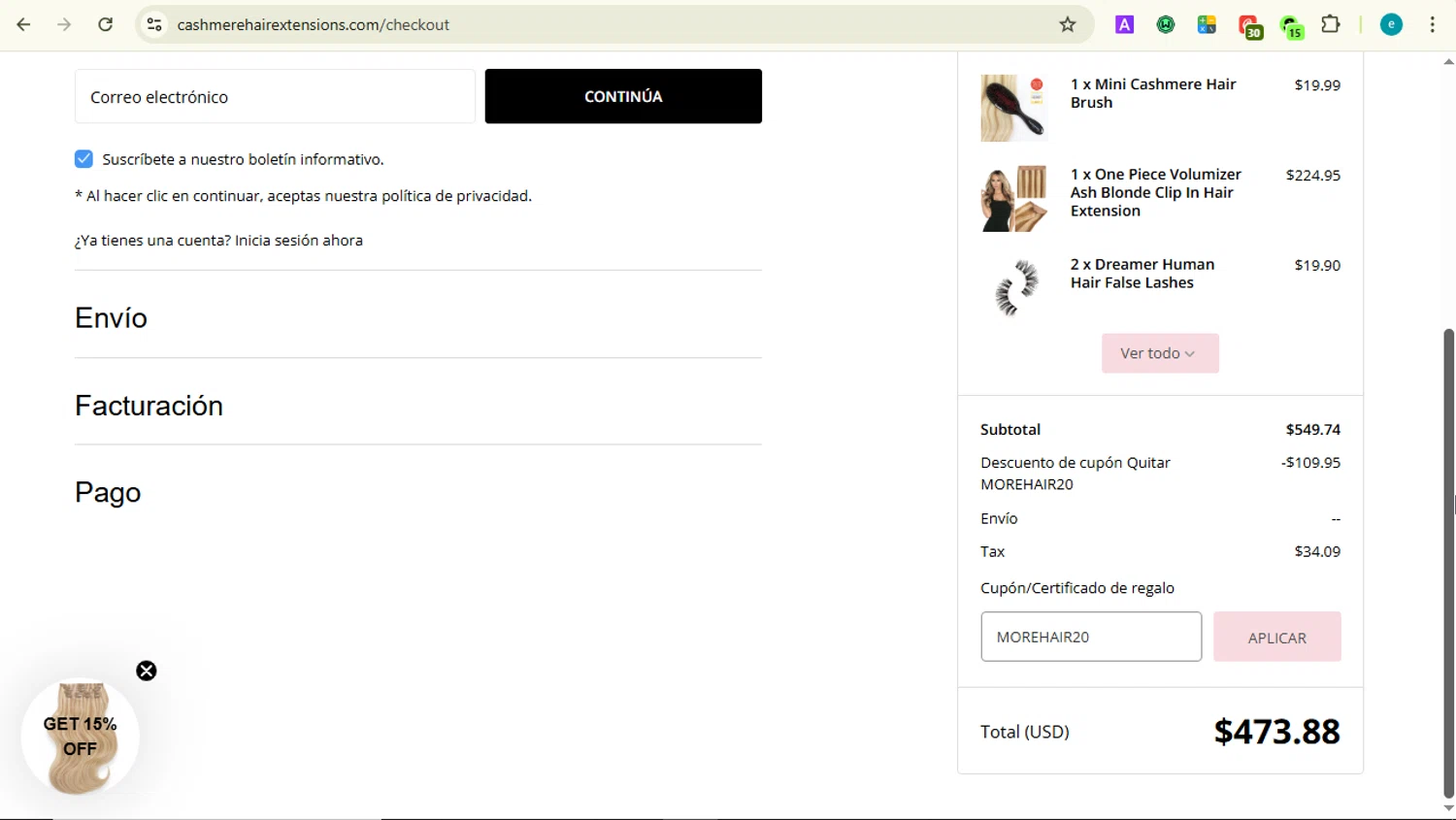 Cashmere Hair discount code screenshot showing code MOREHAIR20 applied at Cashmere Hair checkout page. Uploaded by SimplyCodes community member LOVECOUPON on Sep 28, 2025