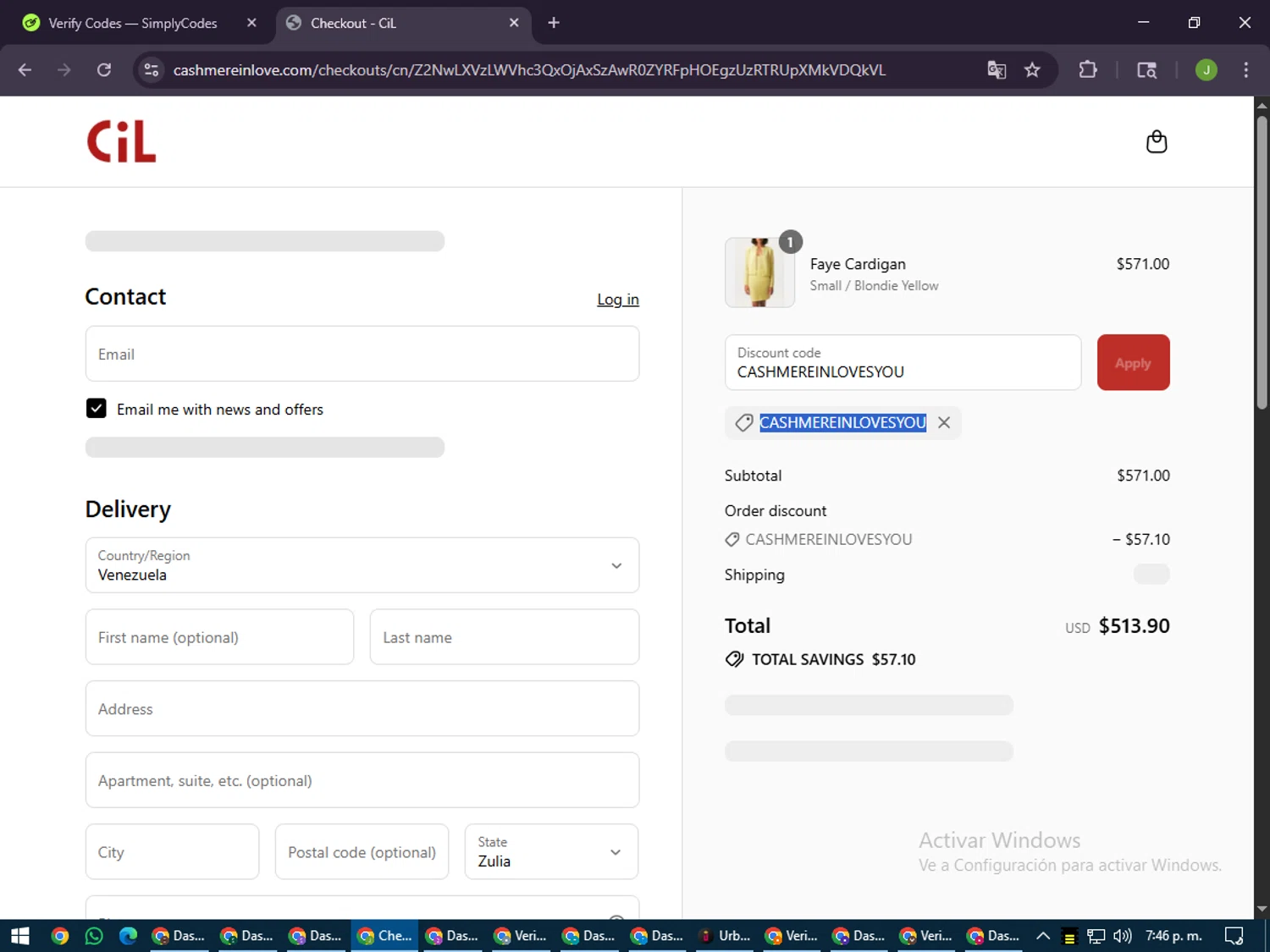 Cashmere in Love promo code screenshot showing code CASHMEREINLOVESYOU applied at Cashmere in Love checkout page. Uploaded by SimplyCodes community member LilBaby on Jul 12, 2025