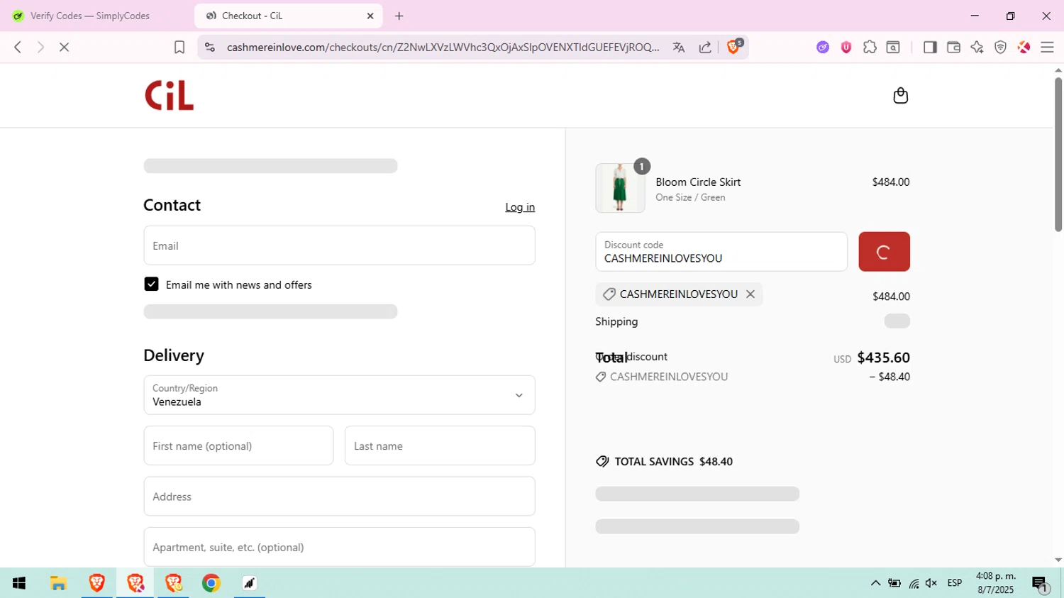 Cashmere in Love promo code screenshot showing code CASHMEREINLOVESYOU applied at Cashmere in Love checkout page. Uploaded by SimplyCodes community member RebateWizard4874 on Jul 8, 2025