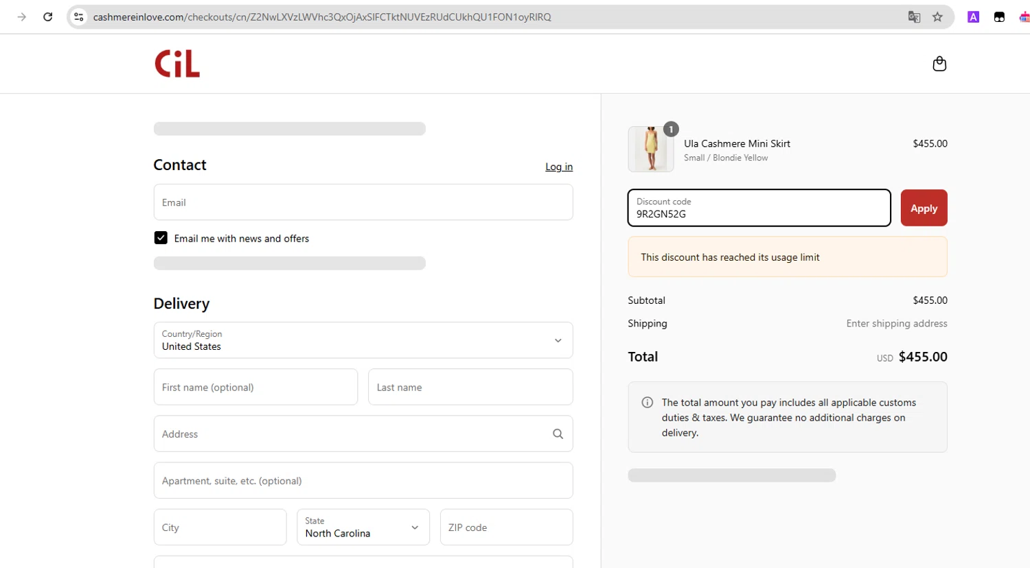 Cashmere in Love promo code screenshot showing code 9R2GN52G applied at Cashmere in Love checkout page. Uploaded by SimplyCodes community member YHLQMDLGN on Mar 27, 2025