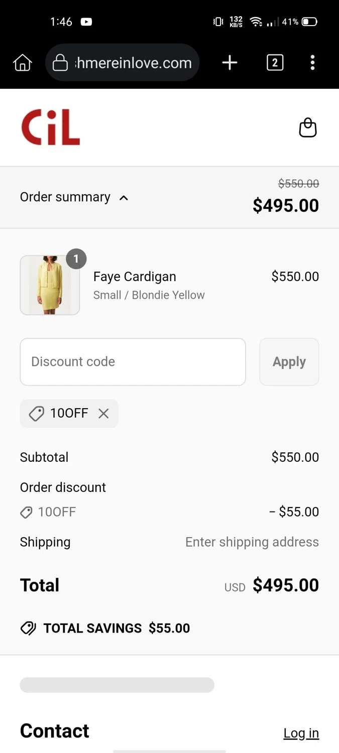 Cashmere in Love promo code screenshot showing code 10OFF applied at Cashmere in Love checkout page. Uploaded by SimplyCodes community member Wonderwoman82 on Jun 6, 2025