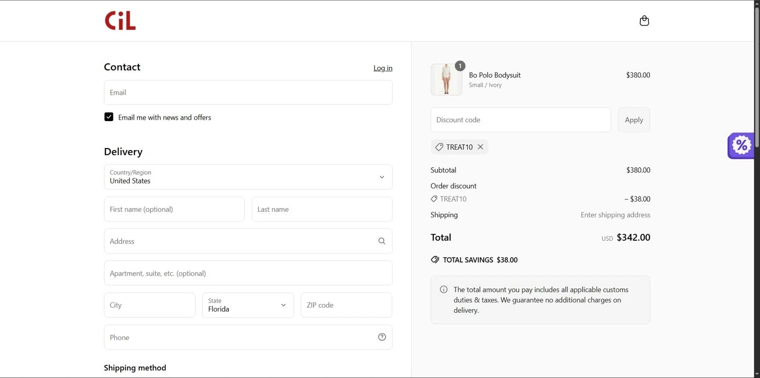 Cashmere in Love promo code screenshot showing code TREAT10 applied at Cashmere in Love checkout page. Uploaded by SimplyCodes community member Depressive on May 5, 2025