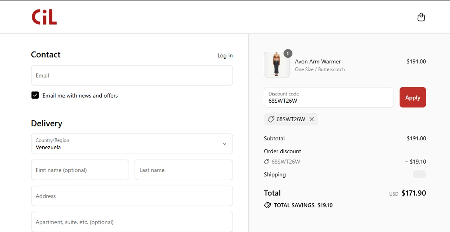 Cashmere in Love promo code screenshot showing code 68SWT26W applied at Cashmere in Love checkout page. Uploaded by SimplyCodes community member Parapetos on Aug 15, 2025
