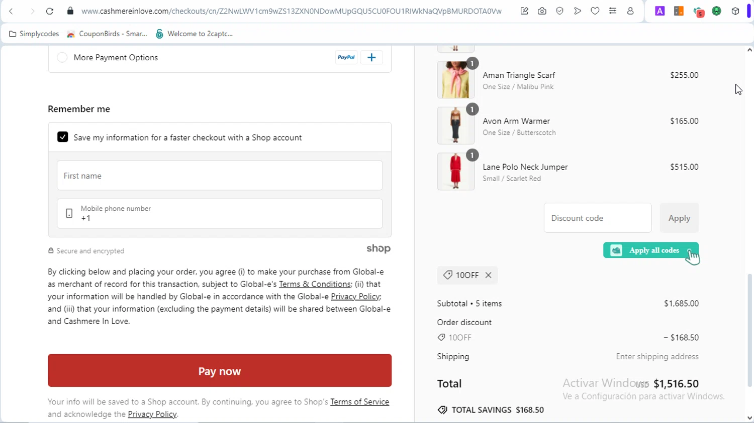 Cashmere in Love promo code screenshot showing code 10OFF applied at Cashmere in Love checkout page. Uploaded by SimplyCodes community member GoldAce5838 on Dec 17, 2024