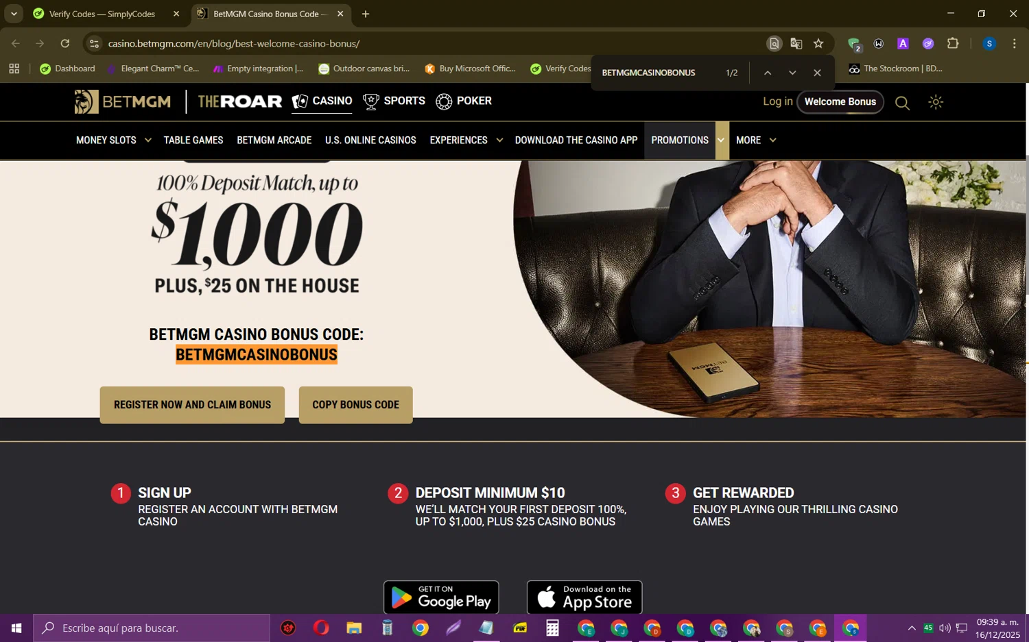 BetMGM Casino checkout page showing BetMGM Casino promo code box | Screenshot taken by SimplyCodes community member on Dec 16, 2025