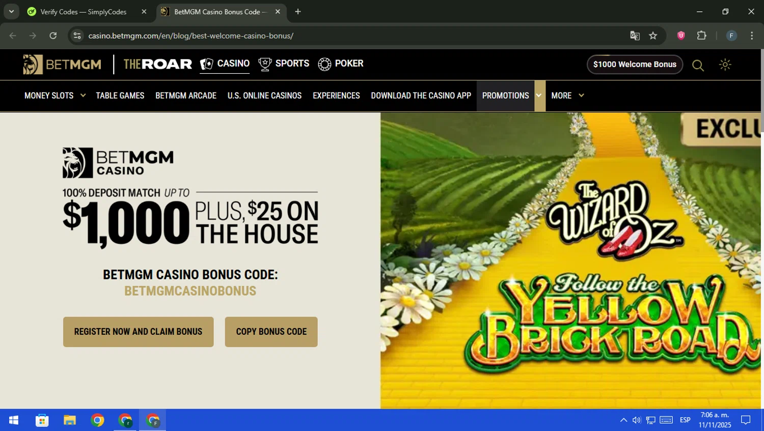 BetMGM Casino promo code screenshot showing code BETMGMCASlNOBONUS applied at BetMGM Casino checkout page. Uploaded by SimplyCodes community member pajarito on Nov 11, 2025