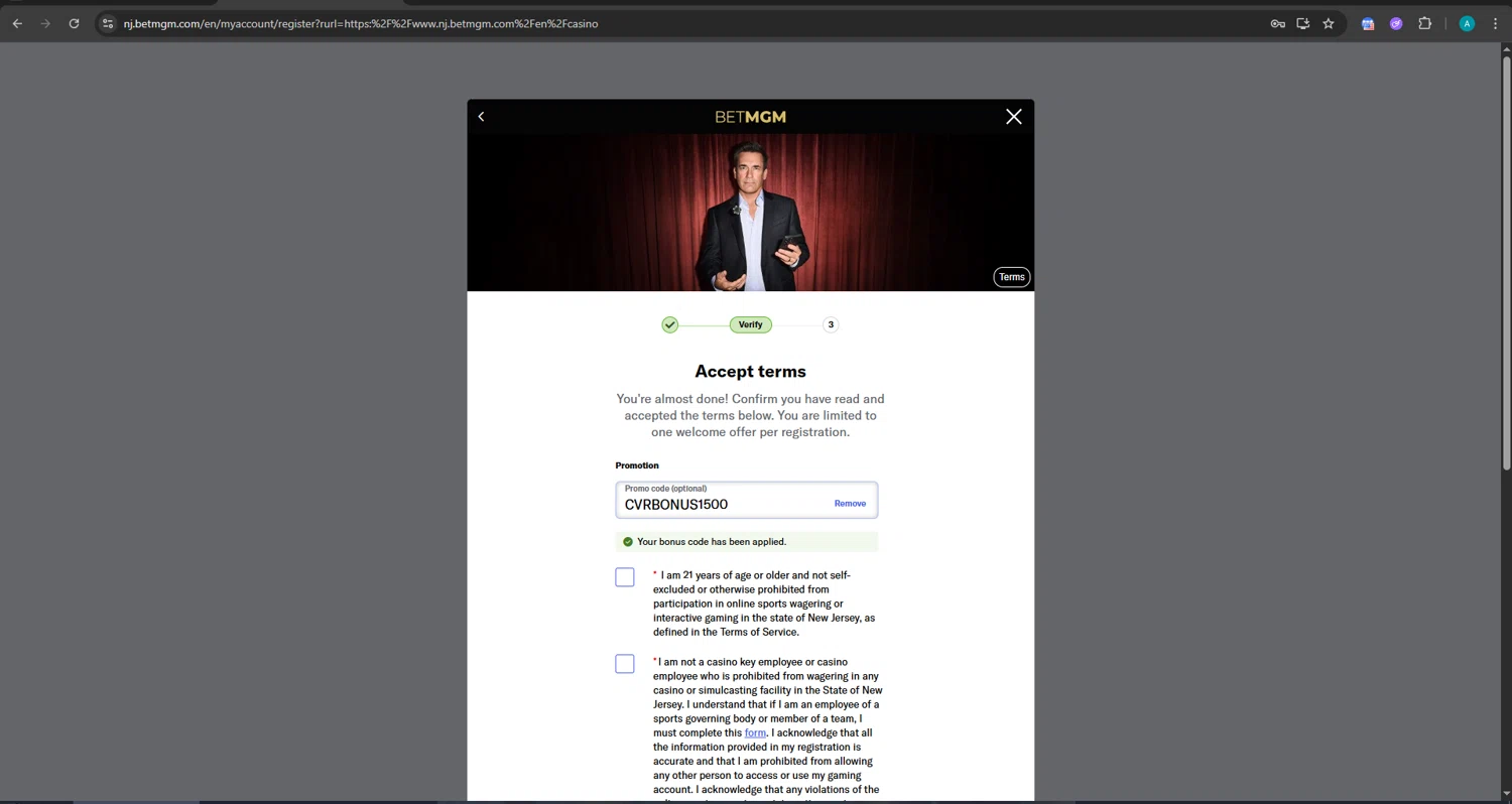 BetMGM Casino promo code screenshot showing code CVRBONUS1500 applied at BetMGM Casino checkout page. Uploaded by SimplyCodes community member AlexSierra on Oct 31, 2025
