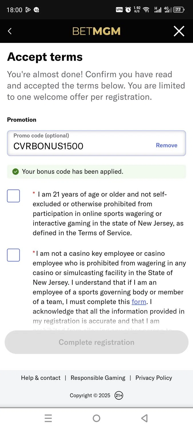 BetMGM Casino promo code screenshot showing code CVRBONUS1500 applied at BetMGM Casino checkout page. Uploaded by SimplyCodes community member dayselis15 on Oct 31, 2025