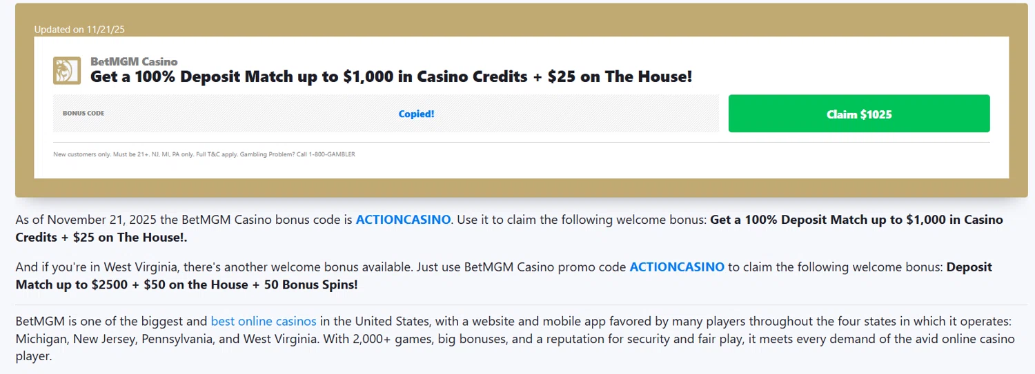 BetMGM Casino promo code screenshot showing code ACTIONCASINO applied at BetMGM Casino checkout page. Uploaded by SimplyCodes community member antonietarodriguez96 on Nov 21, 2025