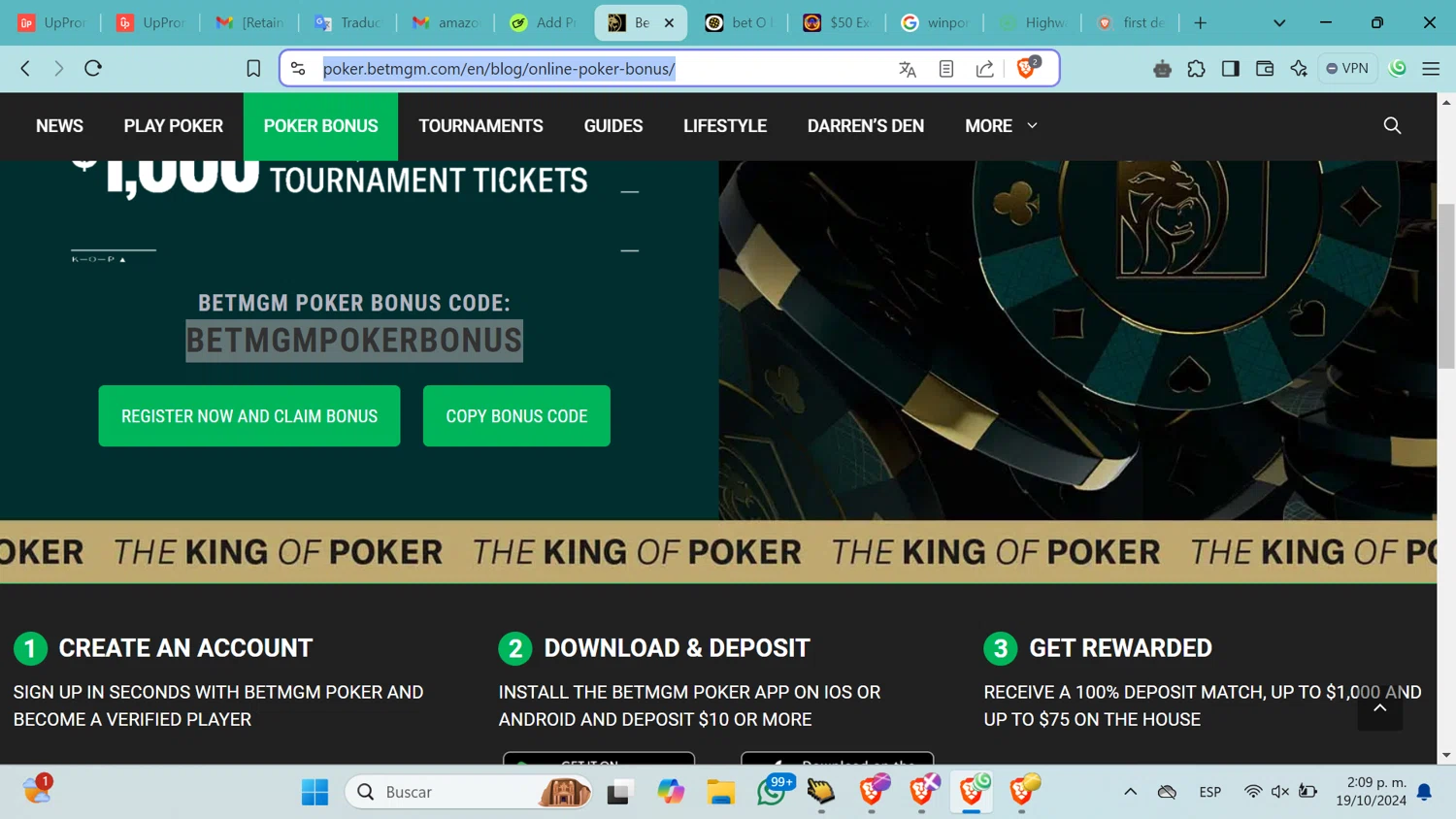 BetMGM Casino promo code screenshot showing code BETMGMPOKERBONUS applied at BetMGM Casino checkout page. Uploaded by SimplyCodes community member nikkis on Oct 19, 2024