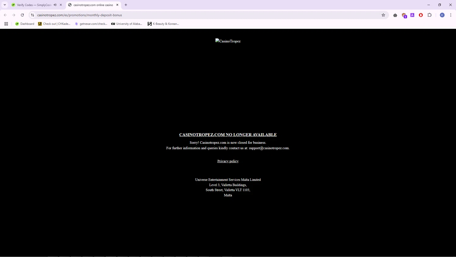 Casino Tropez promo code screenshot showing code XM5YTB3 applied at Casino Tropez checkout page. Uploaded by SimplyCodes community member CleverFalcon7771 on Jan 12, 2025