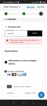 CALCU20 coupon verification screenshot