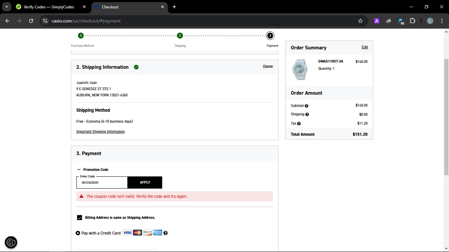 Casio promo code screenshot showing code 041C4CASIO applied at Casio checkout page. Uploaded by SimplyCodes community member JuanChi on Jan 4, 2025