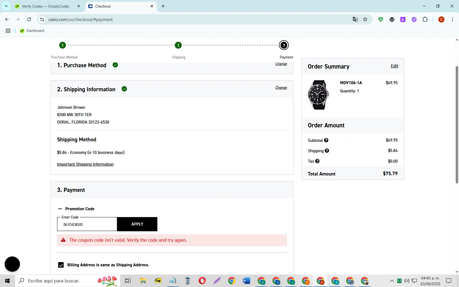 Casio promo code screenshot showing code 041C4CASIO applied at Casio checkout page. Uploaded by SimplyCodes community member SaleSaver3540 on Jun 20, 2025