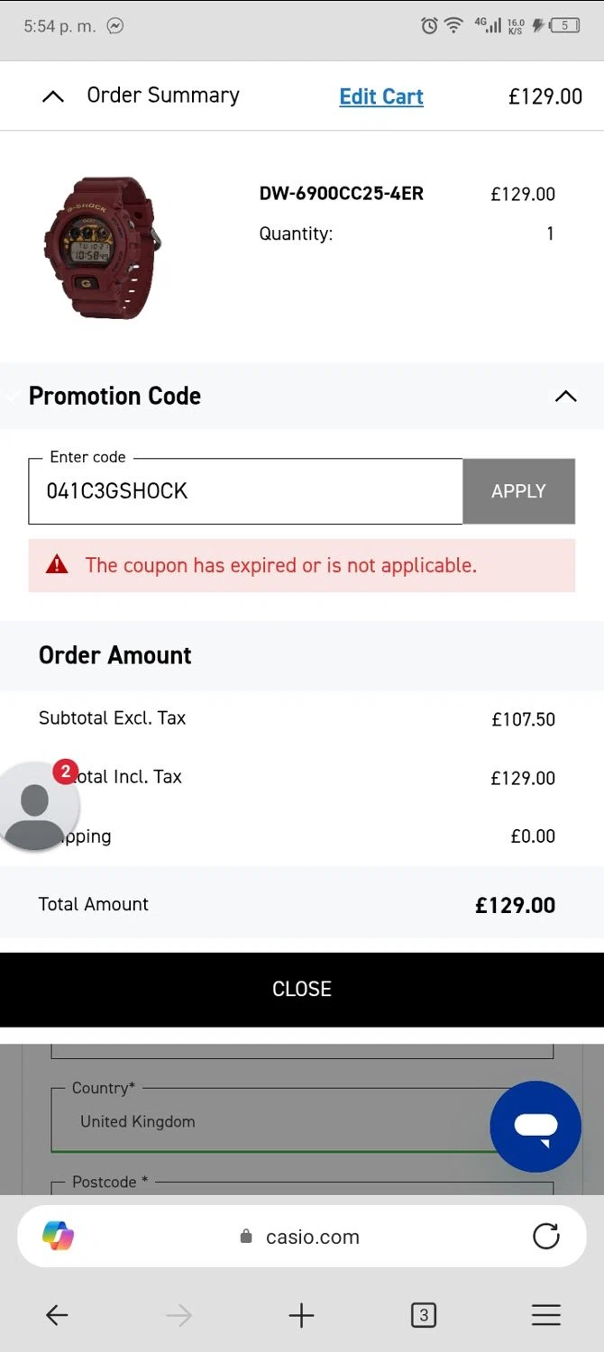 Casio promo code screenshot showing code 041C3GSHOCK applied at Casio checkout page. Uploaded by SimplyCodes community member Enmanuel17 on Nov 24, 2025