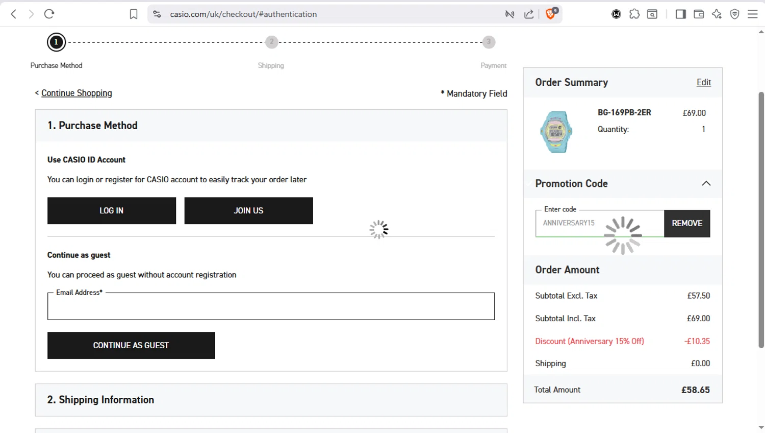 Casio promo code screenshot showing code ANNIVERSARY15 applied at Casio checkout page. Uploaded by SimplyCodes community member dayselis15 on Dec 11, 2025