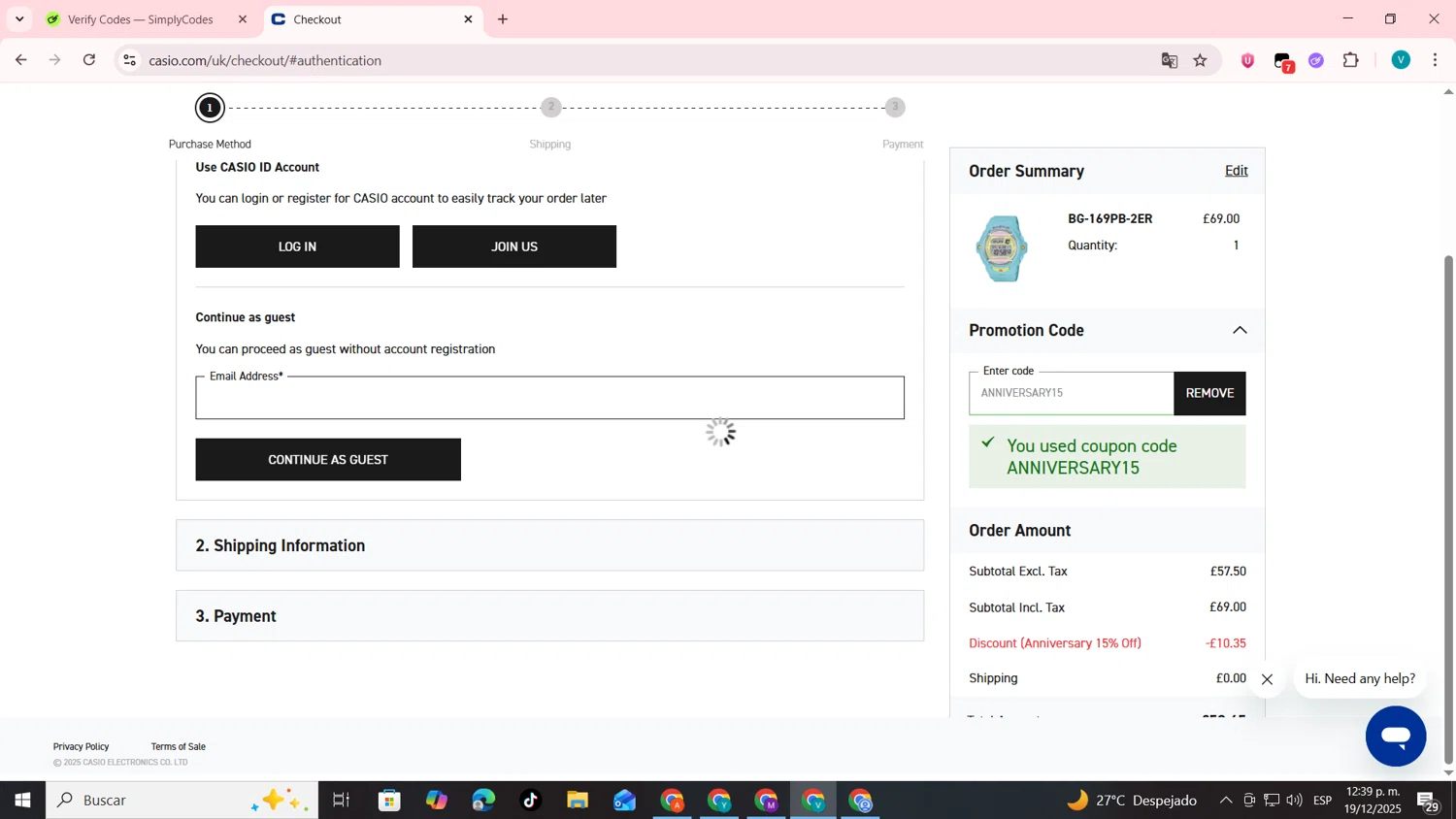 Casio promo code screenshot showing code ANNIVERSARY15 applied at Casio checkout page. Uploaded by SimplyCodes community member lyffytaro on Dec 19, 2025