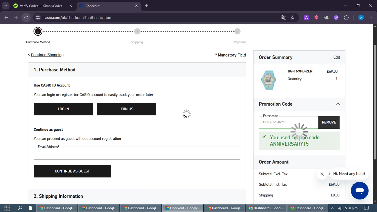 Casio checkout page showing Casio promo code box | Screenshot taken by SimplyCodes community member on Jan 16, 2026