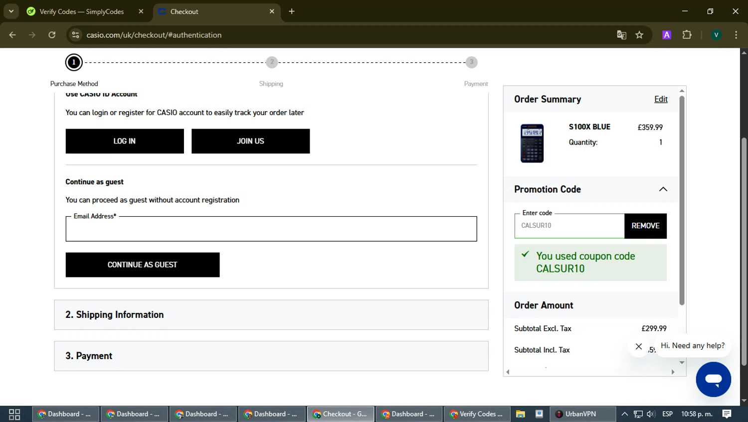Casio checkout page showing Casio promo code box | Screenshot taken by SimplyCodes community member on Jan 29, 2026