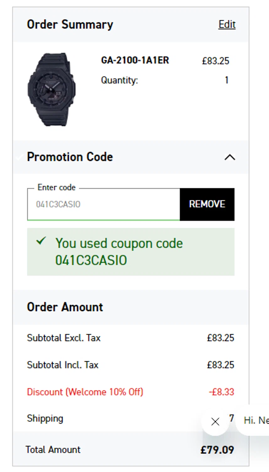 Casio promo code screenshot showing code 041C3CASIO applied at Casio checkout page. Uploaded by SimplyCodes community member RonaldAcunaJr on Nov 26, 2025