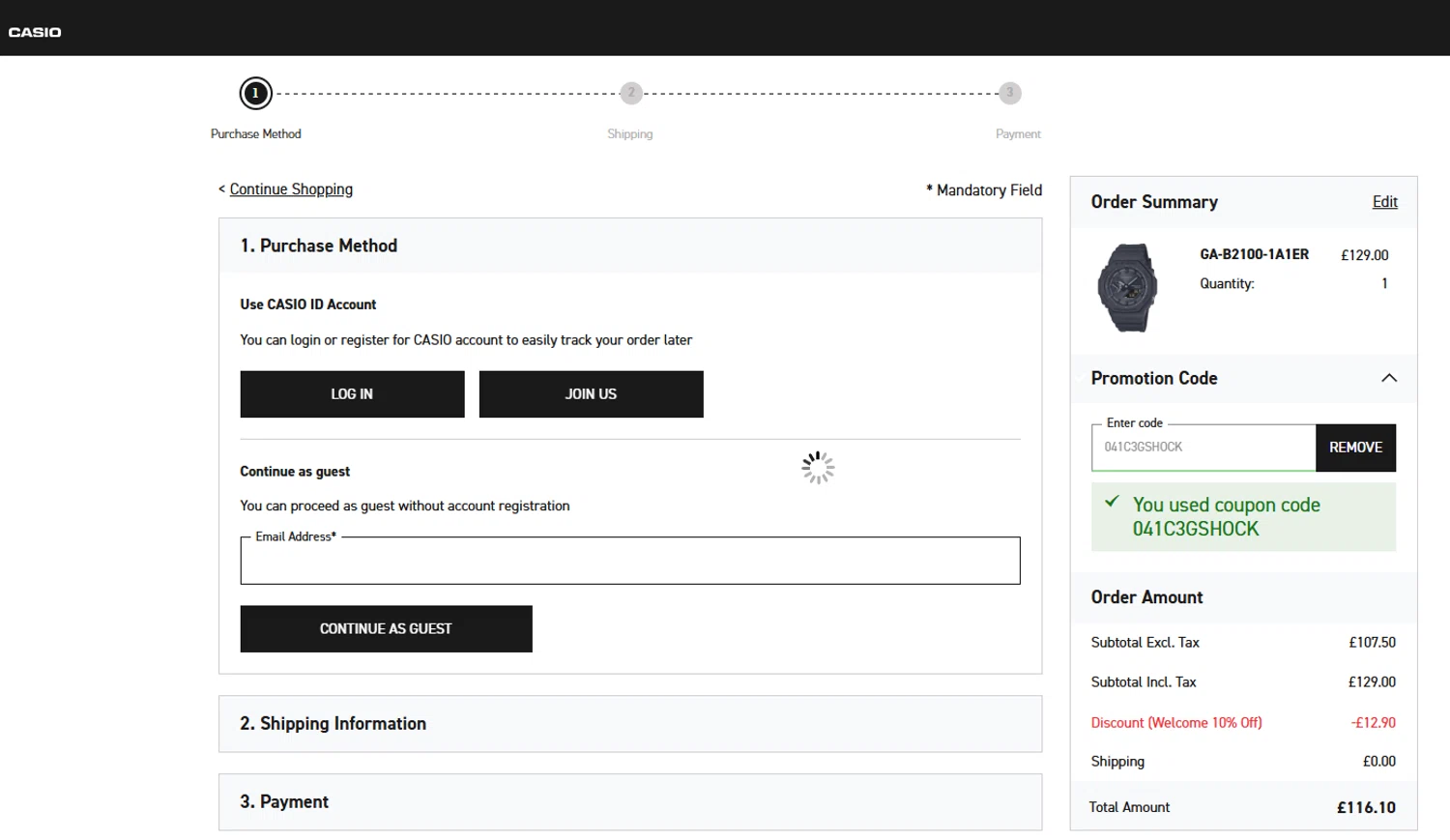 Casio promo code screenshot showing code 041C3GSHOCK applied at Casio checkout page. Uploaded by SimplyCodes community member Dorothy on Nov 24, 2025