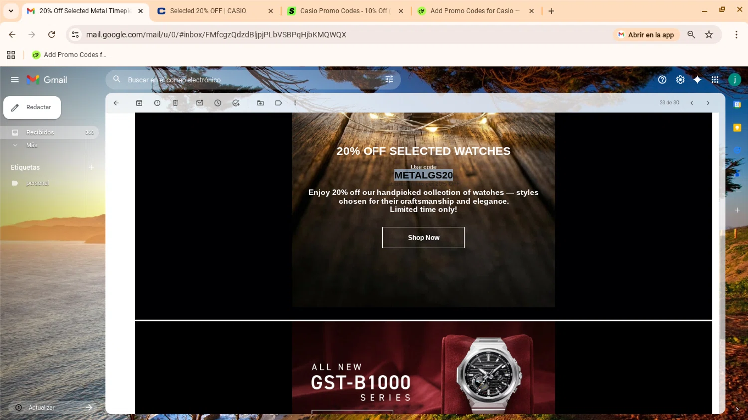 Casio promo code screenshot showing code METALGS20 applied at Casio checkout page. Uploaded by SimplyCodes community member yennifergonzalez on Dec 8, 2025