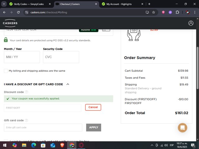 Caskers checkout page showing Caskers discount code box | Screenshot taken by SimplyCodes community member on Jun 18, 2025