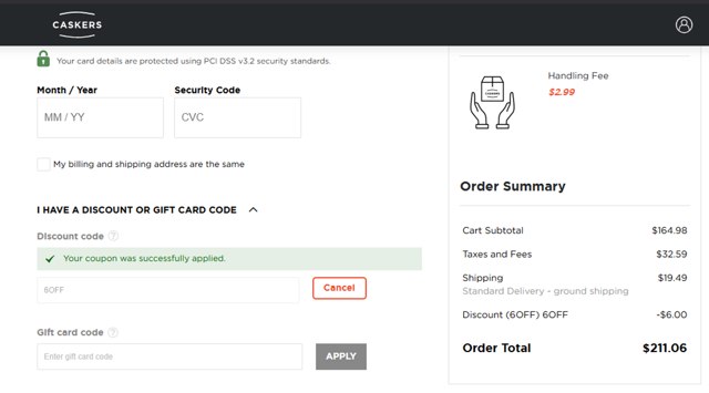 Caskers checkout page showing Caskers discount code box | Screenshot taken by SimplyCodes community member on Feb 21, 2025