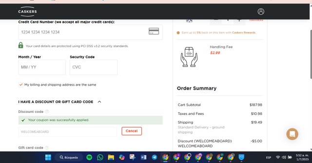 Caskers checkout page showing Caskers discount code box | Screenshot taken by SimplyCodes community member on Jul 1, 2025
