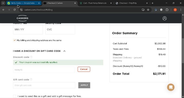 Caskers checkout page showing Caskers discount code box | Screenshot taken by SimplyCodes community member on Feb 21, 2025