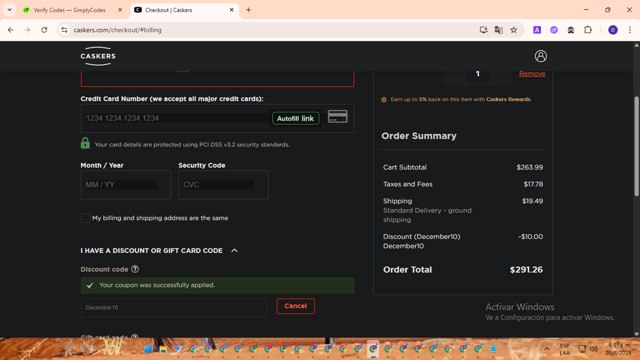 Caskers checkout page showing Caskers discount code box | Screenshot taken by SimplyCodes community member on Aug 26, 2025
