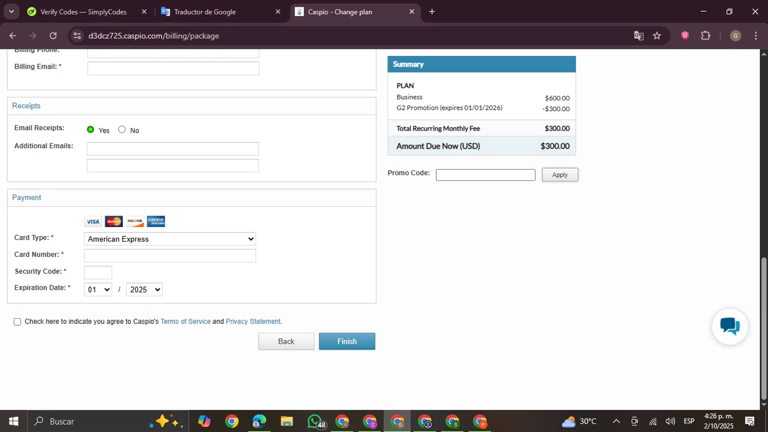 Caspio promo code screenshot showing code G2SAVE50 applied at Caspio checkout page. Uploaded by SimplyCodes community member BrilliantTracker4207 on Oct 2, 2025