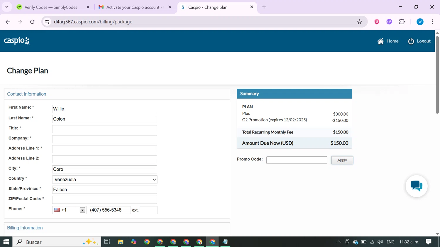 Caspio promo code screenshot showing code G2SAVE50 applied at Caspio checkout page. Uploaded by SimplyCodes community member CrownShopper7142 on Sep 3, 2025