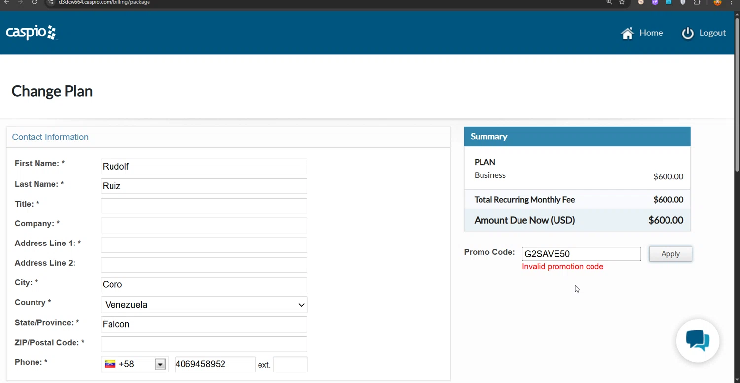 Caspio promo code screenshot showing code G2SAVE50 applied at Caspio checkout page. Uploaded by SimplyCodes community member PrimeShopper6600 on Nov 30, 2025