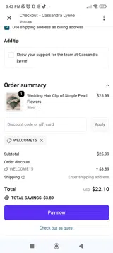 WELCOME15 coupon verification screenshot