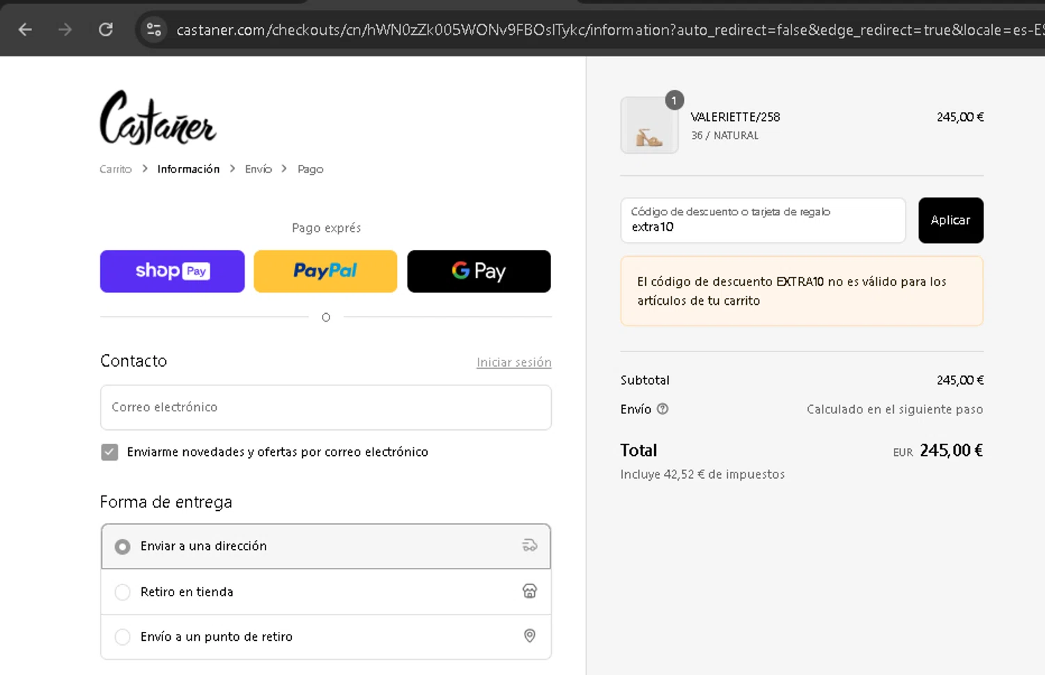 Castañer checkout page showing Castañer promo code box | Screenshot taken by SimplyCodes community member on Jul 24, 2025