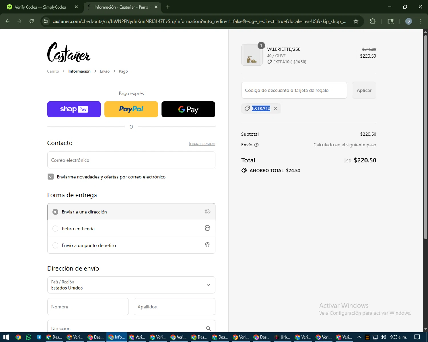 Castañer checkout page showing Castañer promo code box | Screenshot taken by SimplyCodes community member on Aug 26, 2025