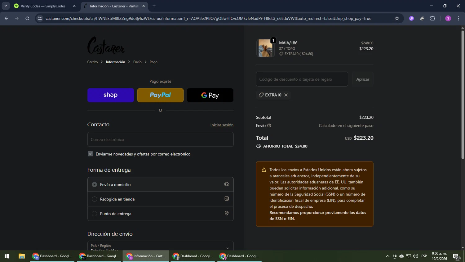 Castañer promo code screenshot showing code extra10 applied at Castañer checkout page. Uploaded by SimplyCodes community member Son_Goku on Feb 19, 2026