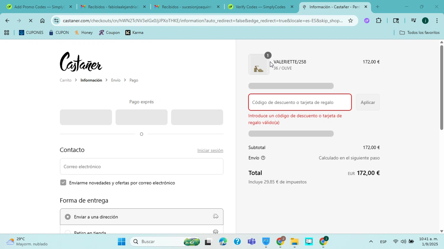 Castañer promo code screenshot showing code extra10 applied at Castañer checkout page. Uploaded by SimplyCodes community member jorgejavierherrera on Sep 1, 2025