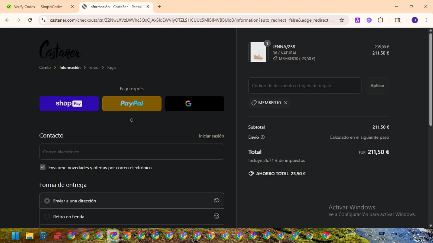 Castañer checkout page showing Castañer promo code box | Screenshot taken by SimplyCodes community member on May 29, 2025