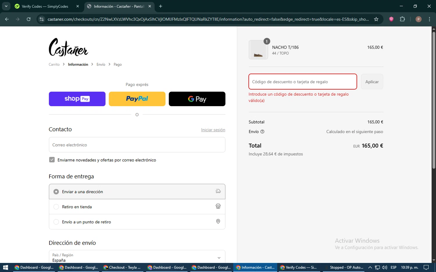 Castañer promo code screenshot showing code MEMBER10 applied at Castañer checkout page. Uploaded by SimplyCodes community member RoyalSleuth6331 on Jun 10, 2025