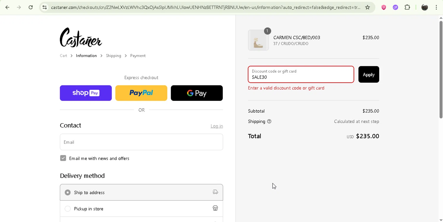 Castañer promo code screenshot showing code SALE30 applied at Castañer checkout page. Uploaded by SimplyCodes community member Jesusvasquezzz on Jul 10, 2025