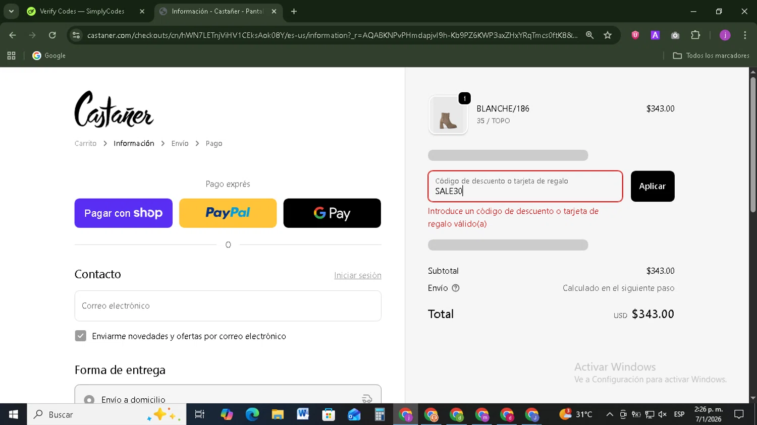 Castañer promo code screenshot showing code SALE30 applied at Castañer checkout page. Uploaded by SimplyCodes community member Tazbravo on Jan 7, 2026