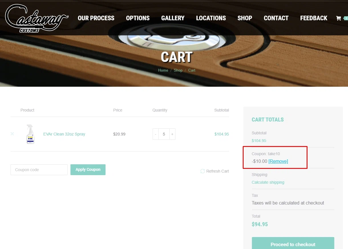 Castaway Customs checkout page showing Castaway Customs promo code box | Screenshot taken by SimplyCodes community member on Jan 30, 2022