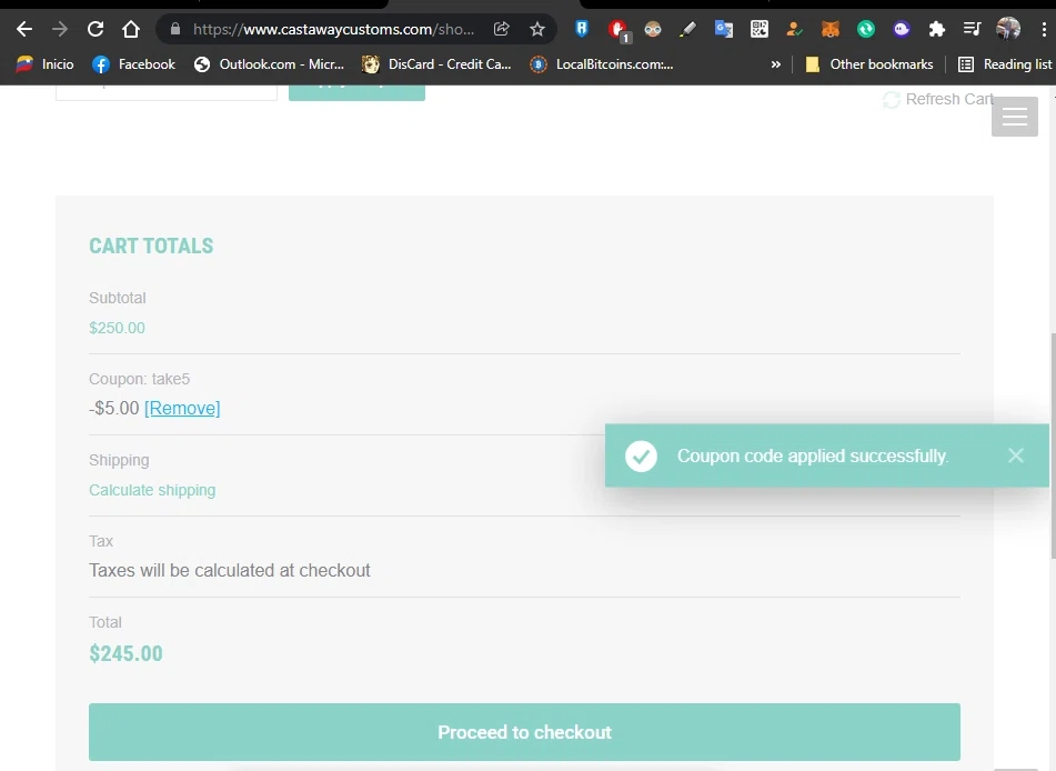 Castaway Customs checkout page showing Castaway Customs promo code box | Screenshot taken by SimplyCodes community member on Jan 30, 2022