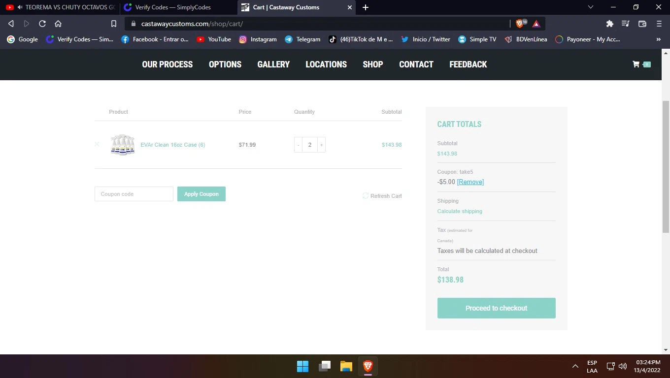 Castaway Customs checkout page showing Castaway Customs promo code box | Screenshot taken by SimplyCodes community member on Apr 13, 2022
