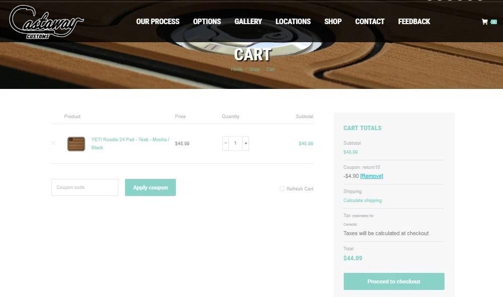 Castaway Customs checkout page showing Castaway Customs promo code box | Screenshot taken by SimplyCodes community member on Jul 5, 2022