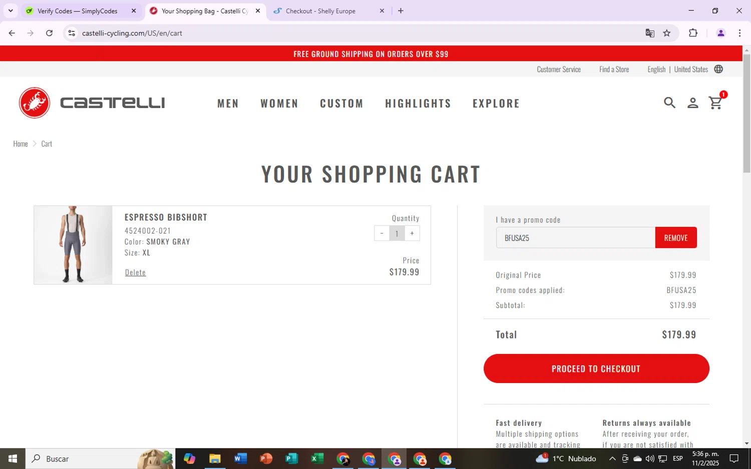 Castelli promo code screenshot showing code BFUSA25 applied at Castelli checkout page. Uploaded by SimplyCodes community member CryBabyy on Feb 11, 2025