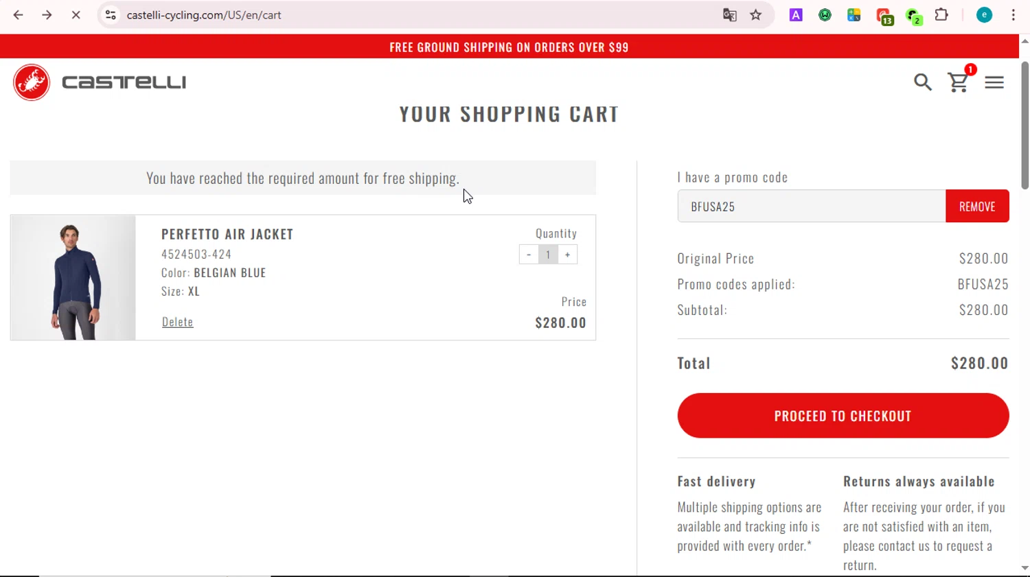 Castelli promo code screenshot showing code BFUSA25 applied at Castelli checkout page. Uploaded by SimplyCodes community member LOVECOUPON on Sep 19, 2025