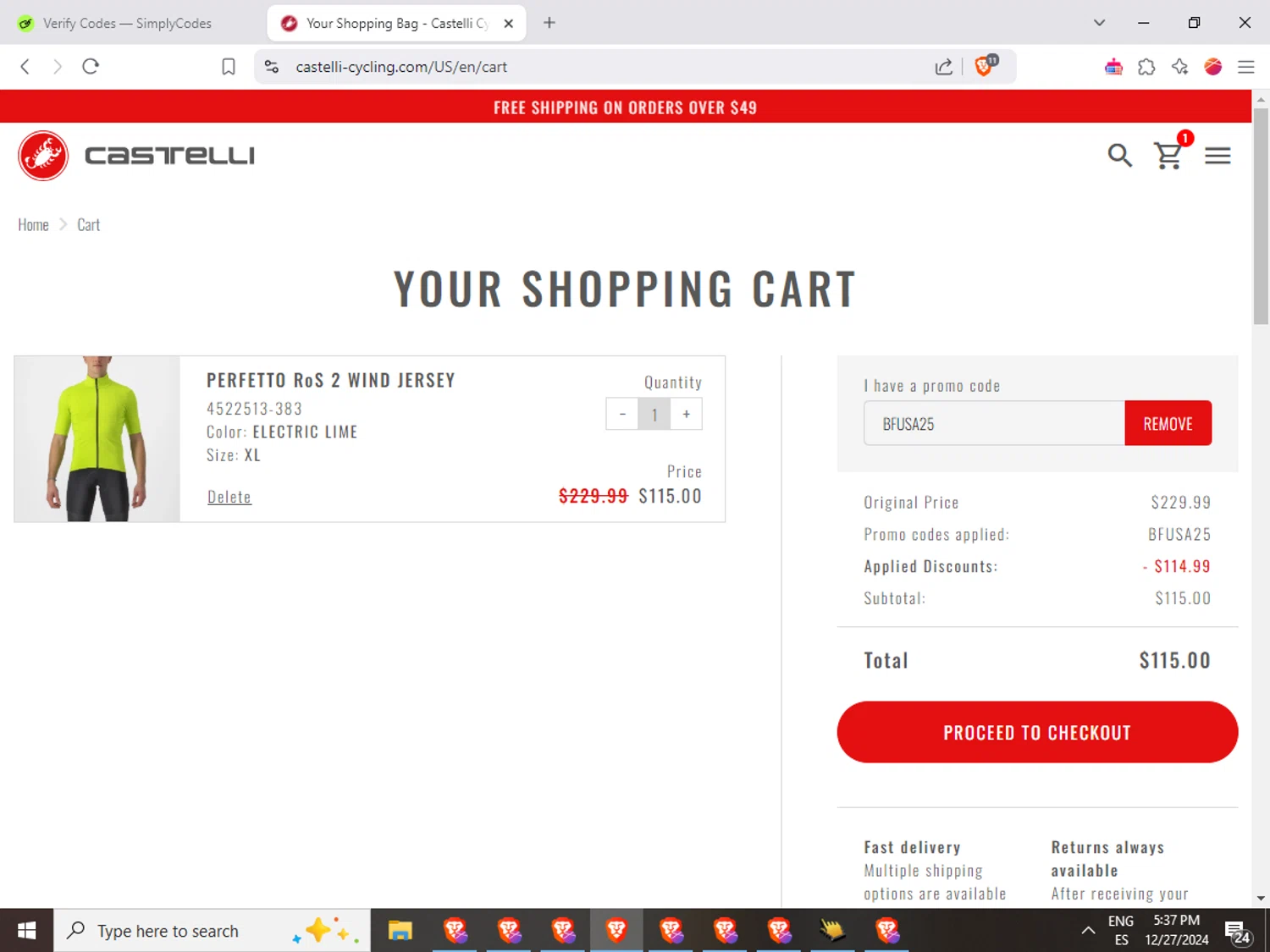 Castelli promo code screenshot showing code BFUSA25 applied at Castelli checkout page. Uploaded by SimplyCodes community member Joserafa on Dec 27, 2024